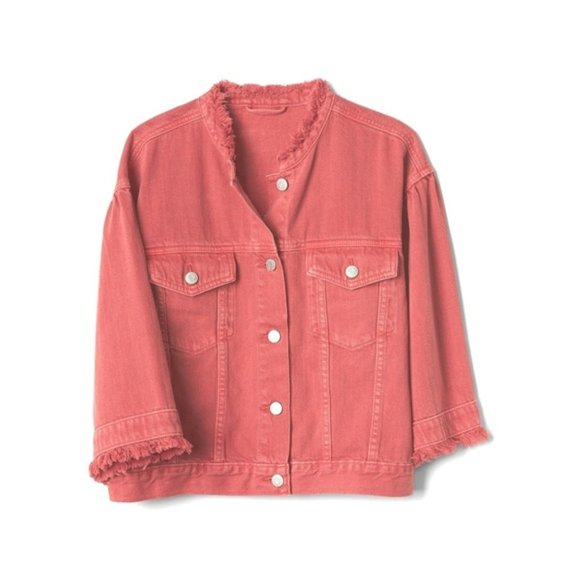 GAP Fringe Boho Denim Jacket with wide bell flared sleeves in Red Crimson S - Picture 6 of 13